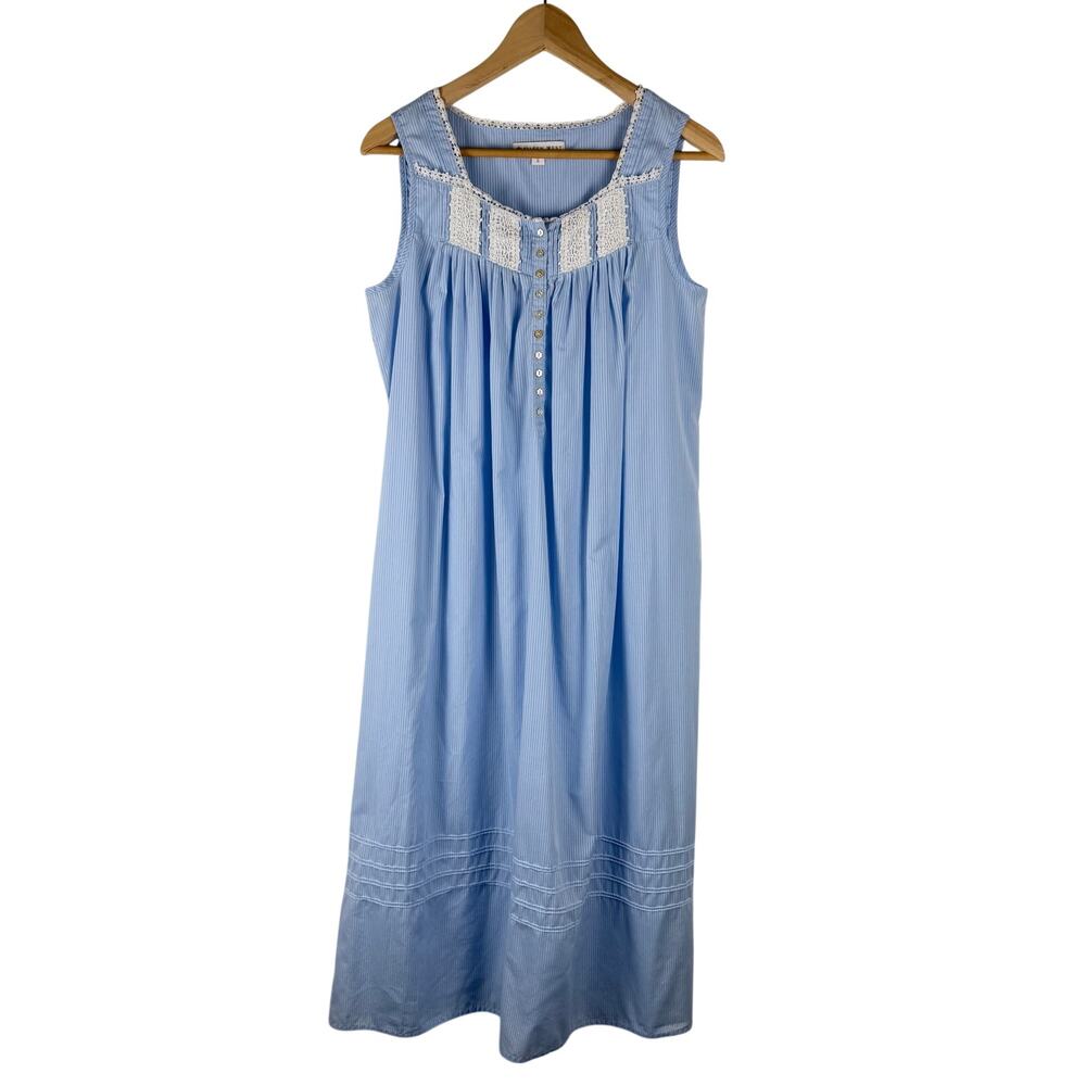 Eileen West Stripe Nightgown Light Blue Lace Women's Size Small Cotton Blend